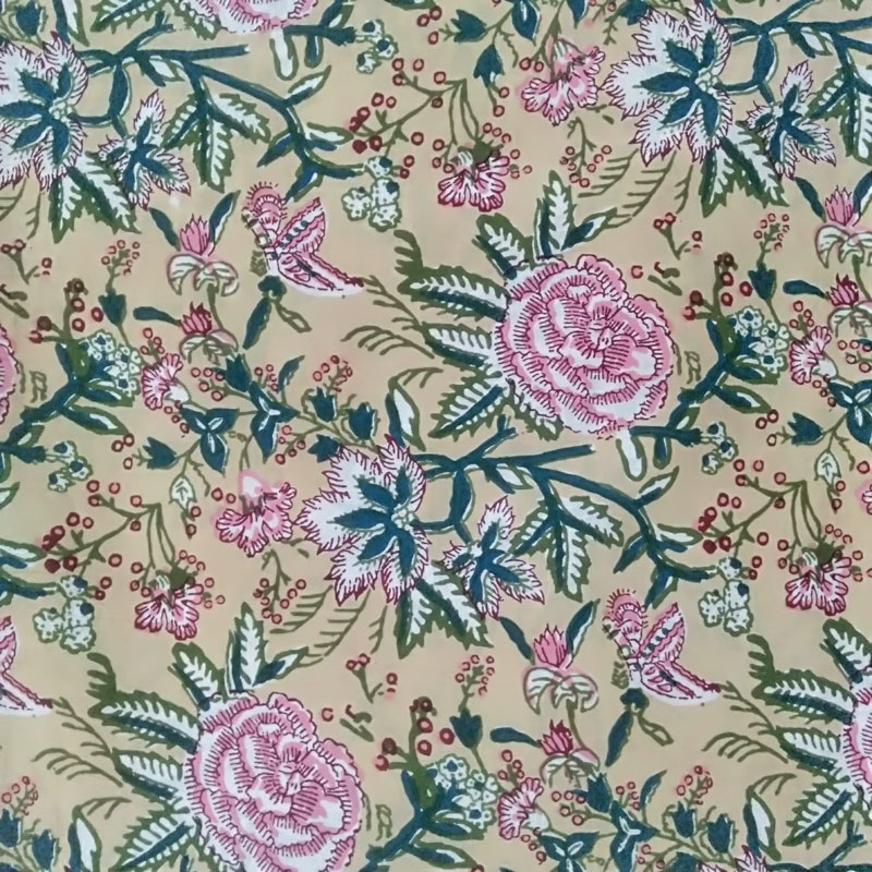Beige Border Floral Block Print Cotton Fabric  