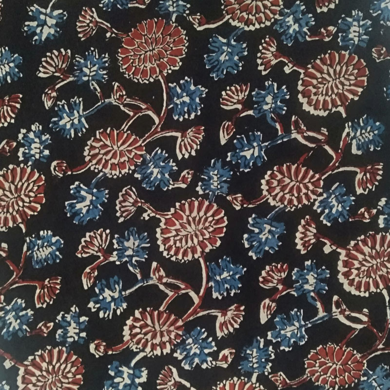 Black Floral Block Print Pure Cotton Fabric, Dark Black handblock Print Fabric Per Meter