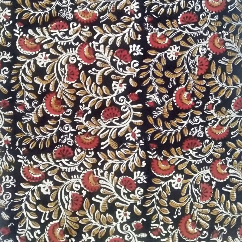 Black / Red Floral Block  Print Cotton Running Fabric