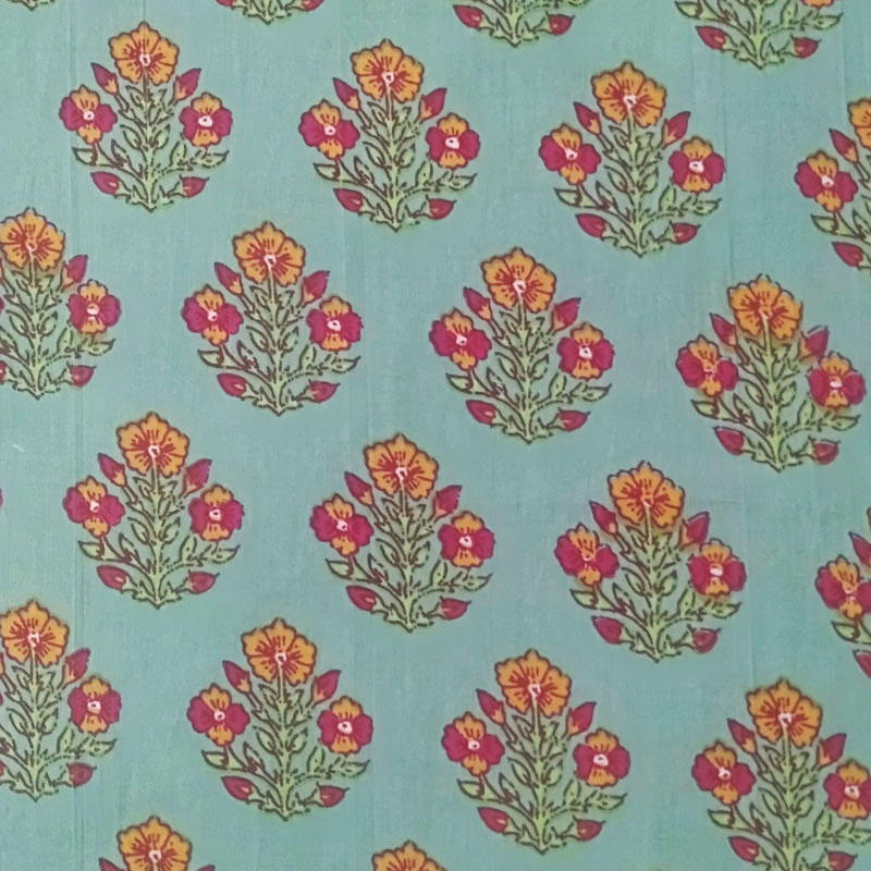 Fern Green Botie Block Printed Cotton Fabric For Dressmaking 