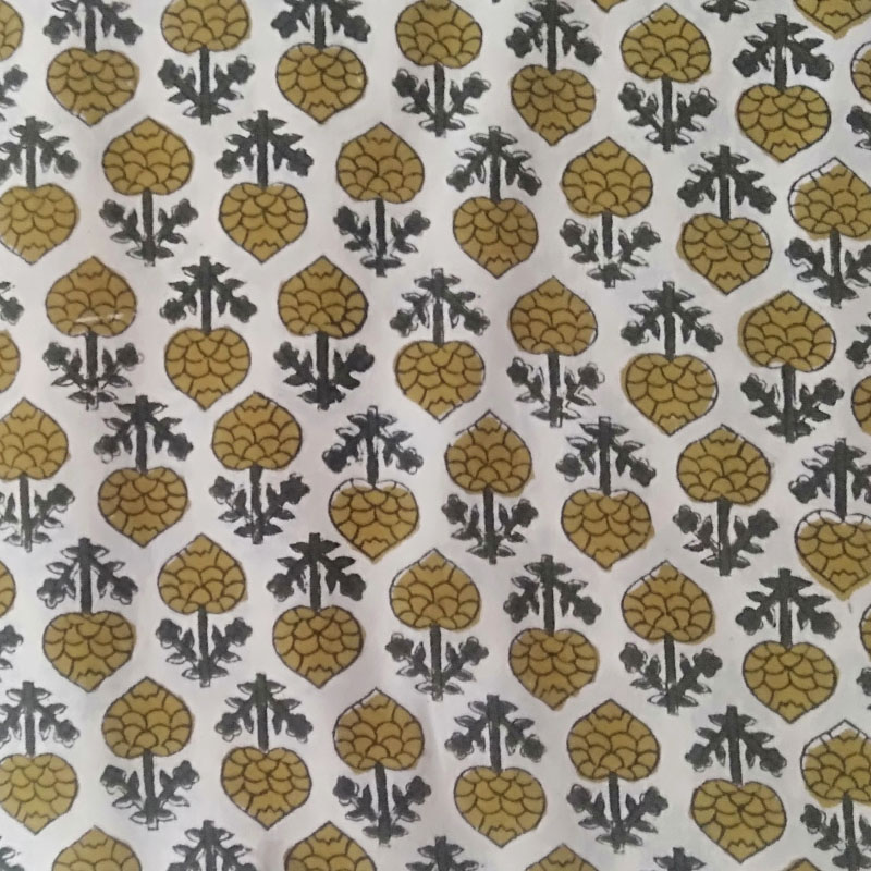 Block Print Cotton Mustard Cream  Floral Pattern Designer Fabric