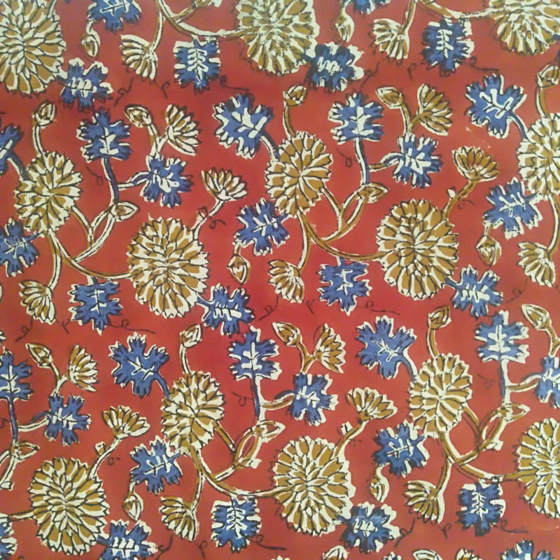 Orange Red Floral Block Printed Cotton Running Fabric