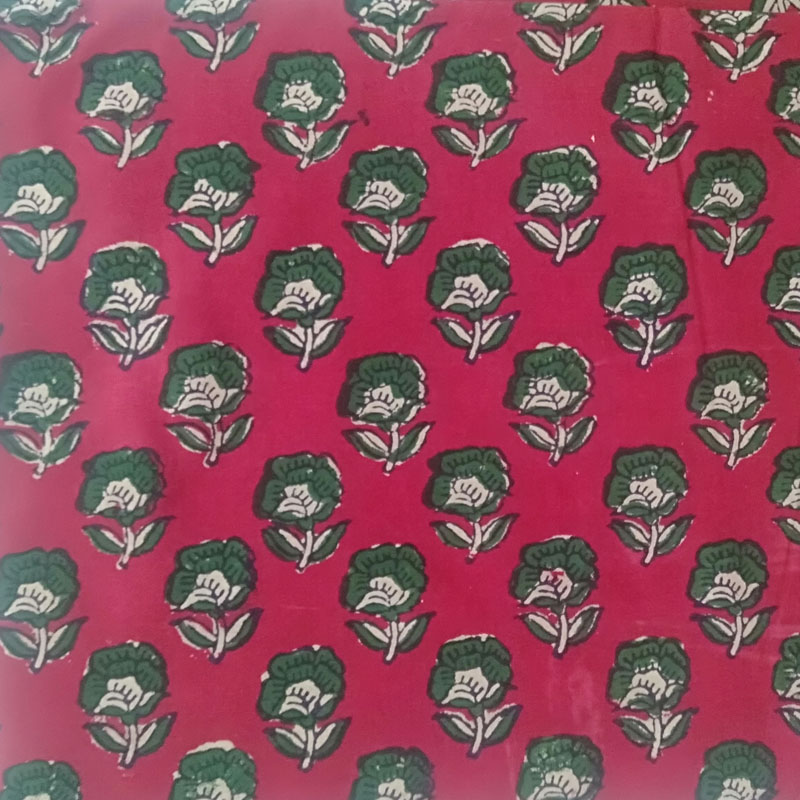 Maroon Red With Dark Green Floral Block Print Fabric 