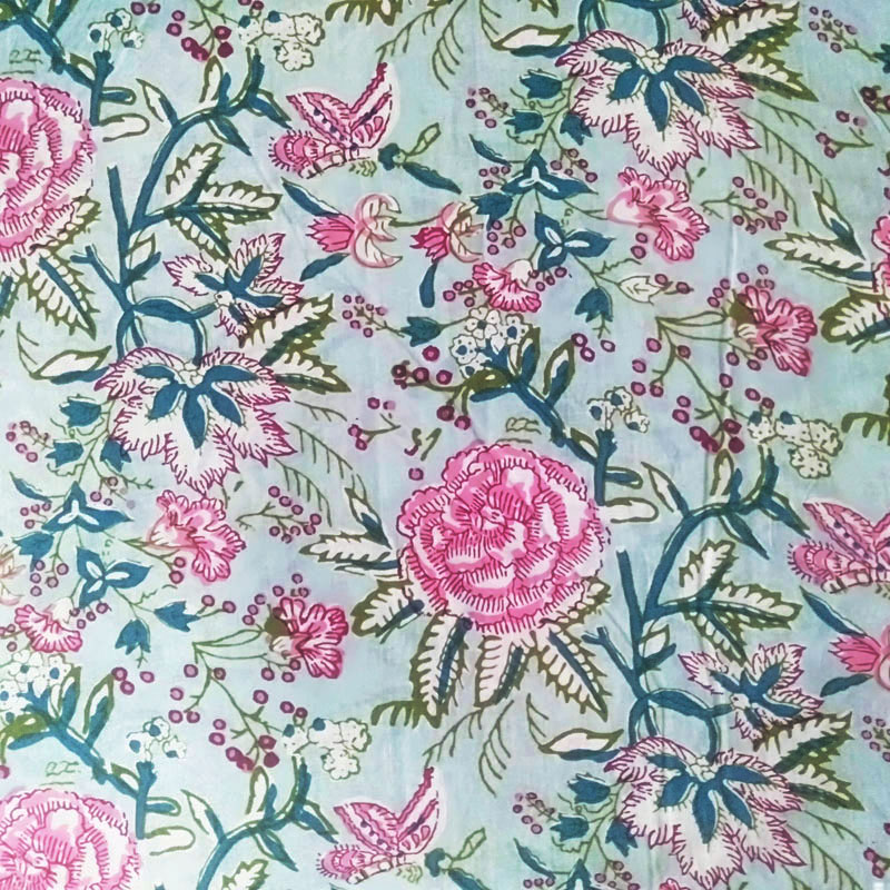 Sea Green Floral Block Print Cotton Running Fabric