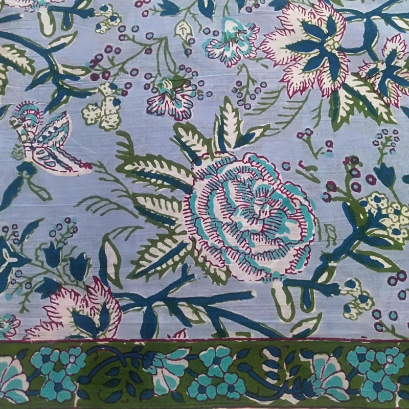 Light Sky Blue Floral Print Cotton Block Print Fabric With Border Design