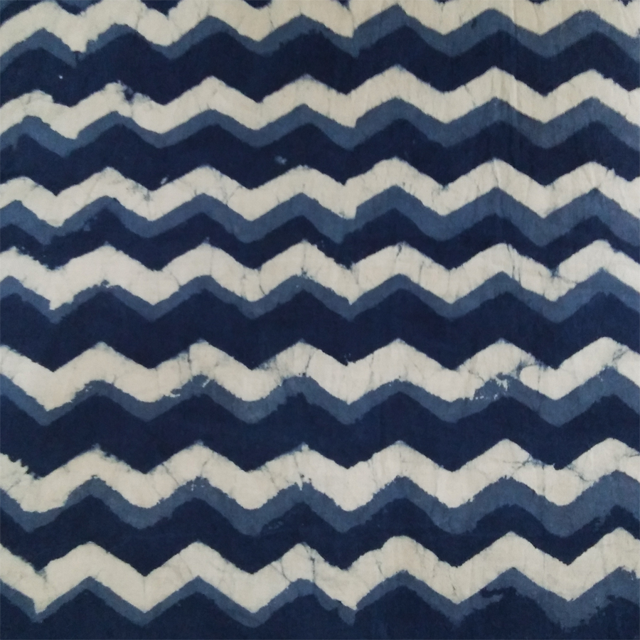 Zig Zag Stripes Hand Block Print Design Cotton Fabric: Blue, White Design