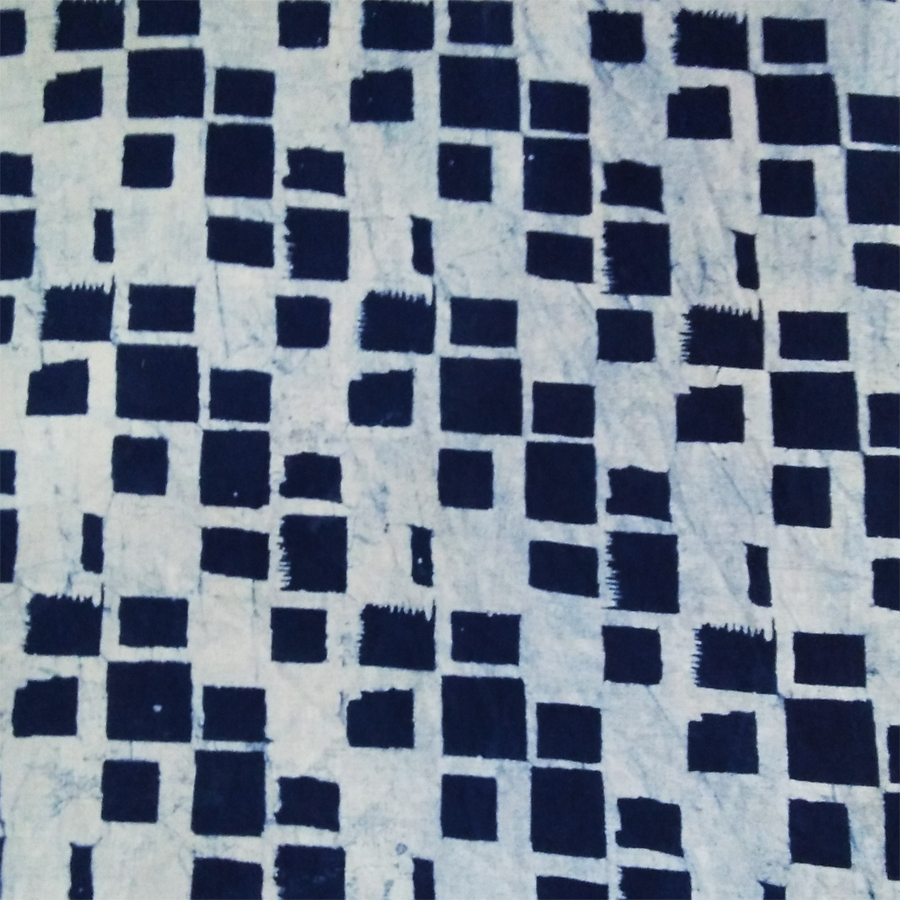 Blue Squares White Base Print Hand Block Printed Cotton Fabric: Blue, White