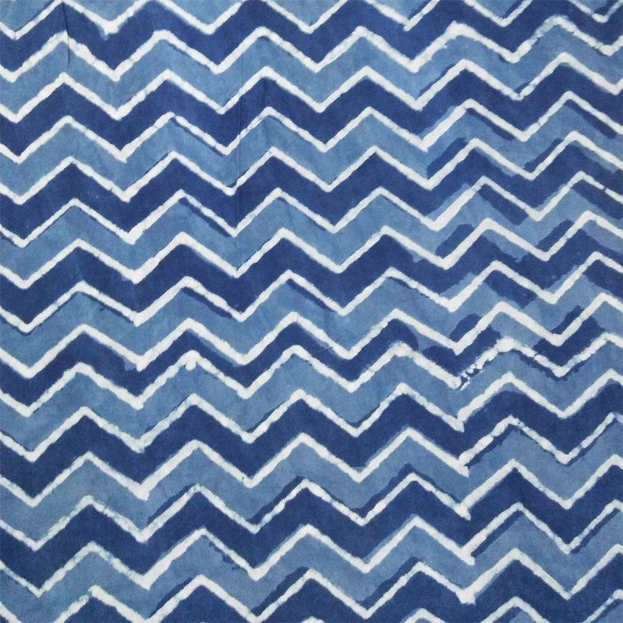 Zig Zag Lines Indigo Blue and White Lines Hand Block Printed Cotton Cambric