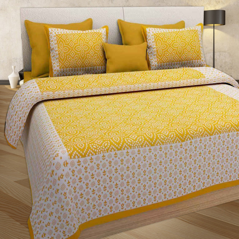 Yellow And White Prints 100% Cotton Double Bed Sheet With 2 Pillow Covers