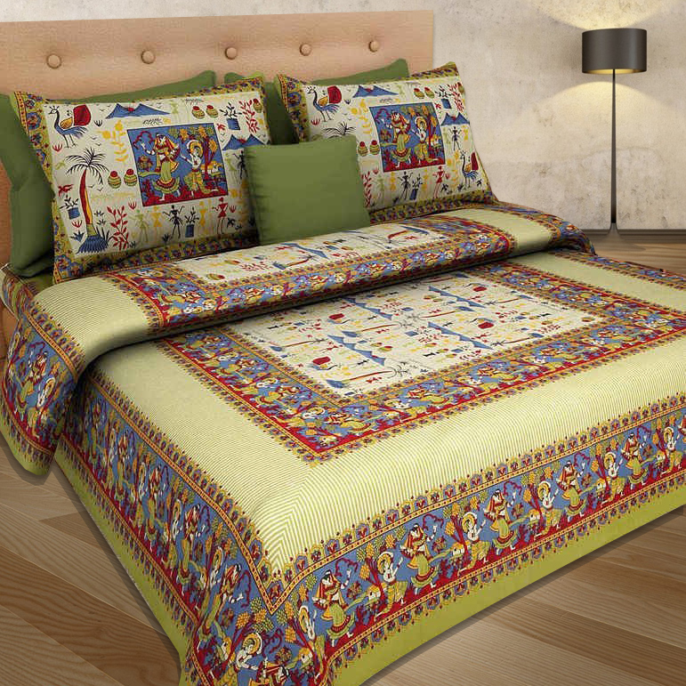 Multi Color Prints 100% Cotton Double Bed Sheet With 2 Pillow Covers