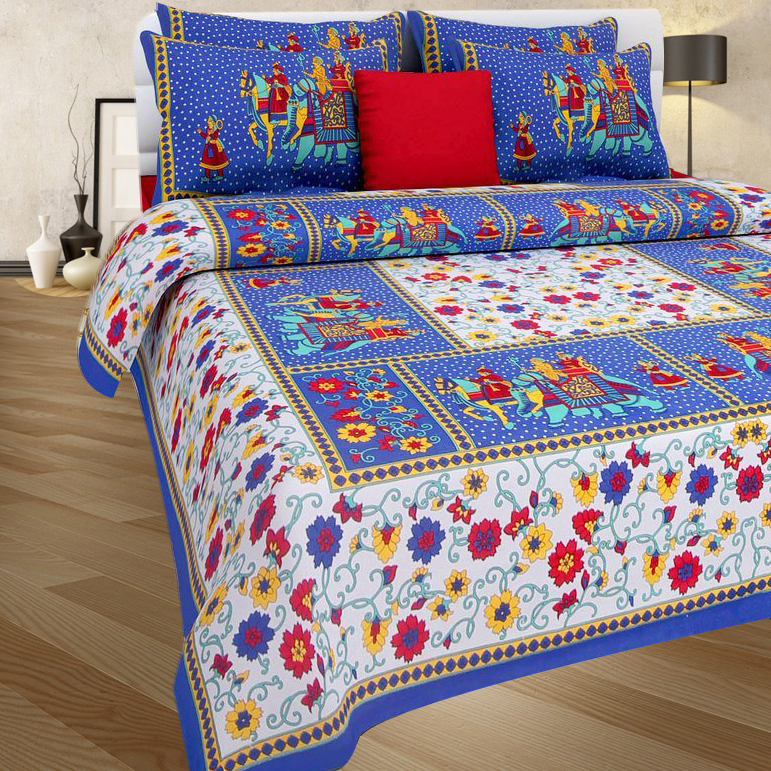 Multi Floral Prints 100% Cotton Double Bed Sheet With 2 Pillow Covers