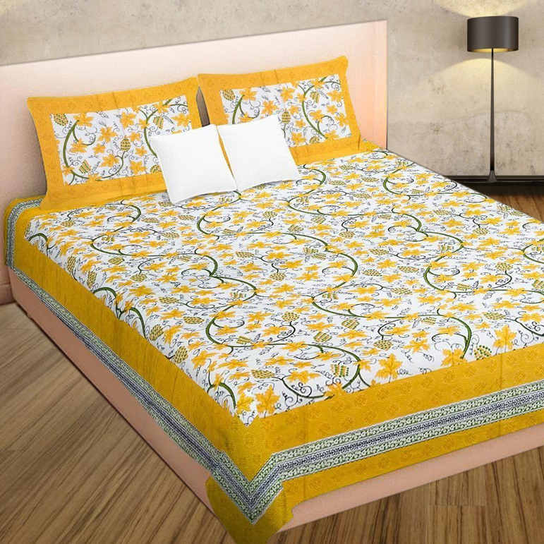 Yellow And White Prints 100% Cotton Double Bed Sheet With 2 Pillow Covers
