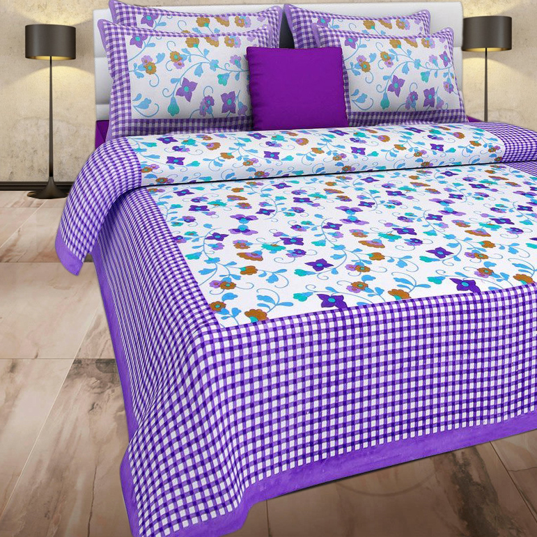 Purple And White Prints 100% Cotton Double Bed Sheet With 2 Pillow Covers