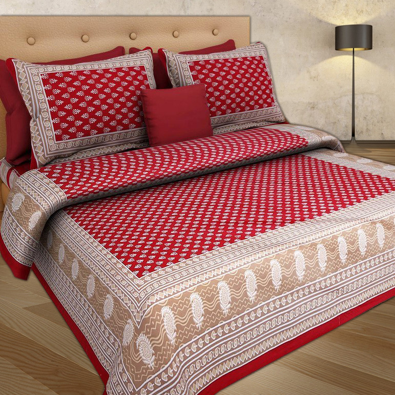 Beautiful Red Color Prints 100% Cotton Double Bed Sheet With 2 Pillow Covers