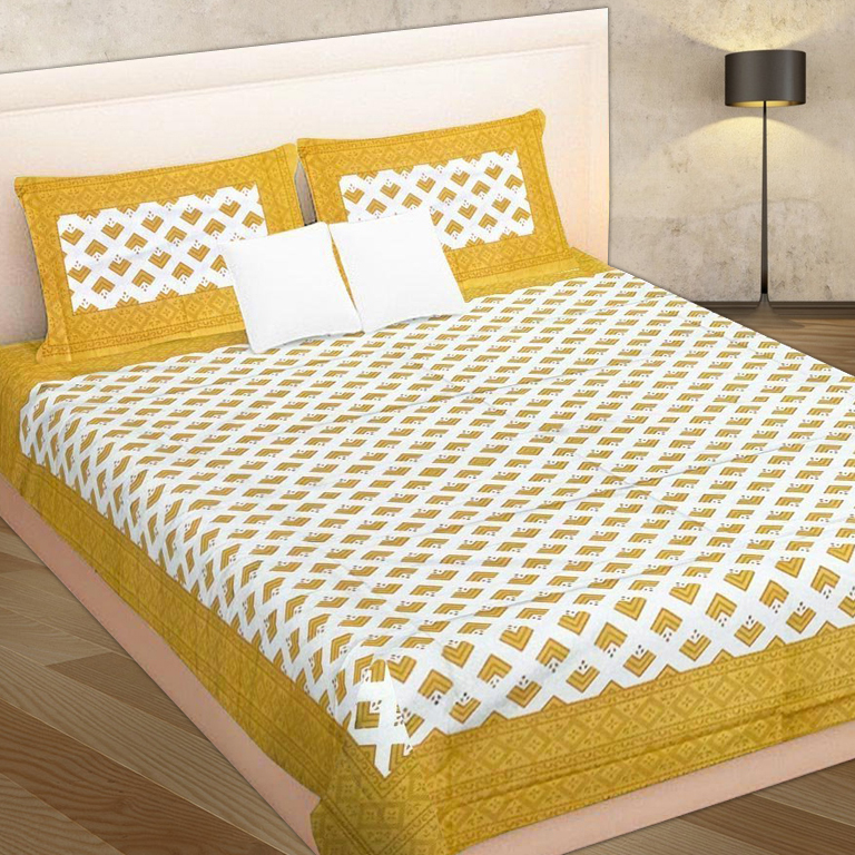 Yellow And White Prints 100% Cotton Double Bed Sheet With 2 Pillow Covers