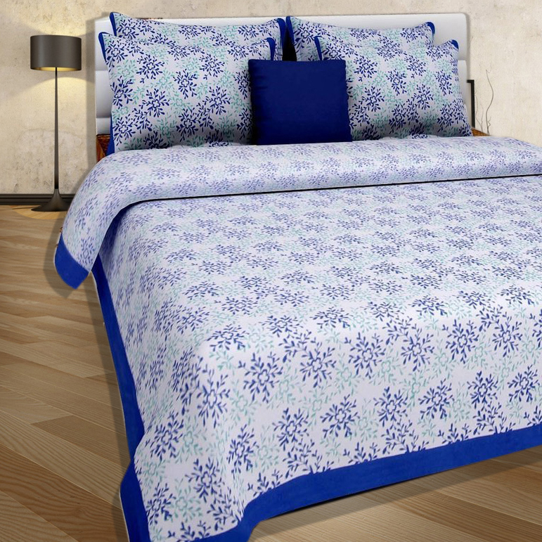Blue And White Prints 100% Cotton Double Bed Sheet With 2 Pillow Covers