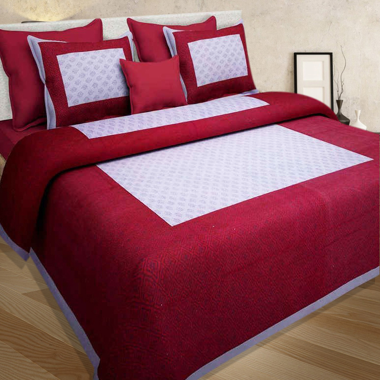 Red Pink And White Prints 100% Cotton Double Bed Sheet With 2 Pillow Covers