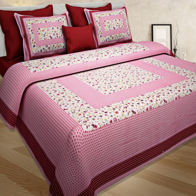 Pink,Red And White Prints 100% Cotton Double Bed Sheet With 2 Pillow Covers
