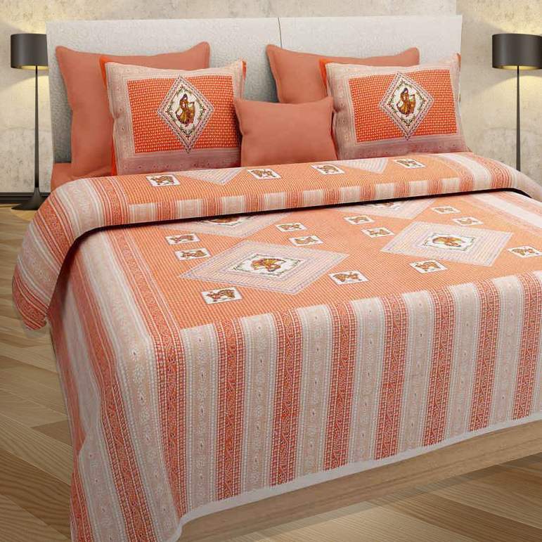 Orange Color Prints 100% Cotton Double Bed Sheet With 2 Pillow Covers