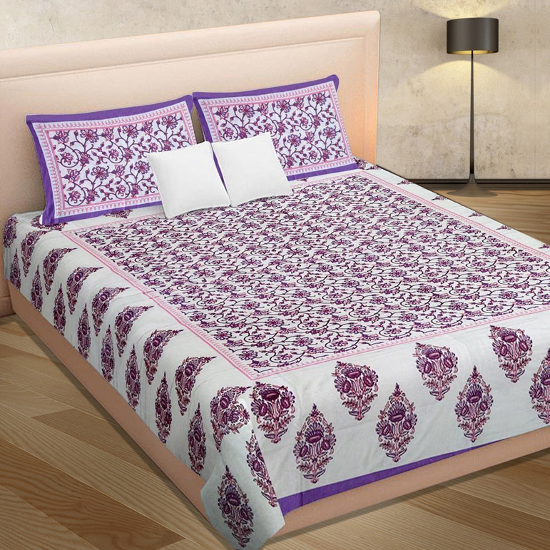 Purple And White Prints 100% Cotton Double Bed Sheet With 2 Pillow Covers