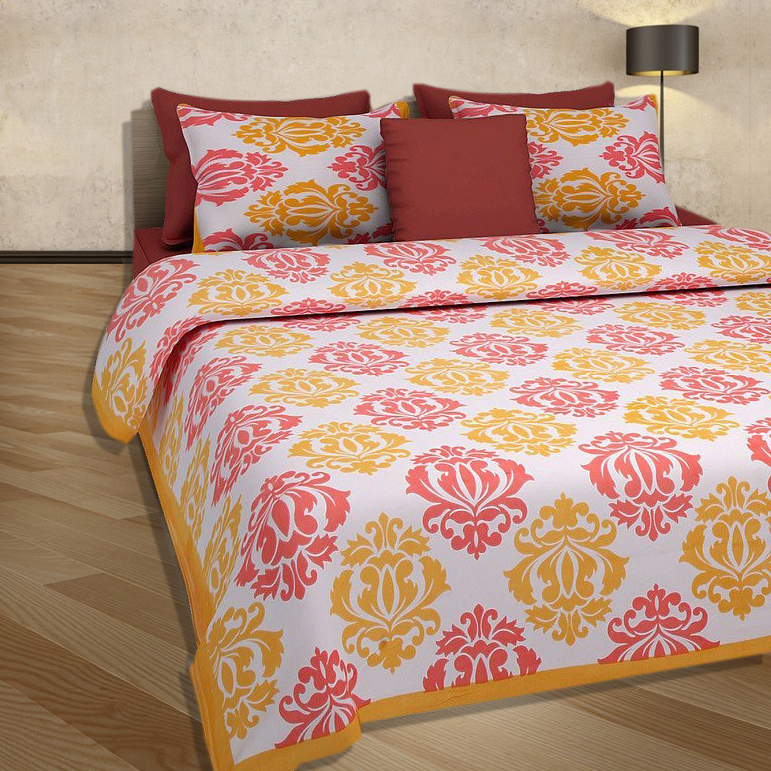 Pink,Yellow And White Prints 100% Cotton Double Bed Sheet With 2 Pillow Covers