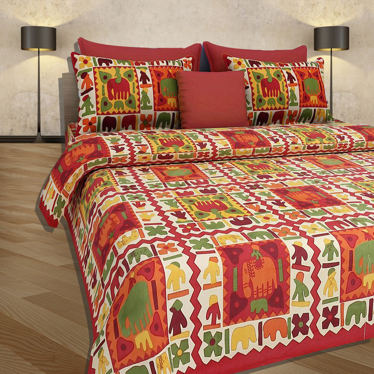 Multi Color Prints 100% Cotton Double Bed Sheet With 2 Pillow Covers