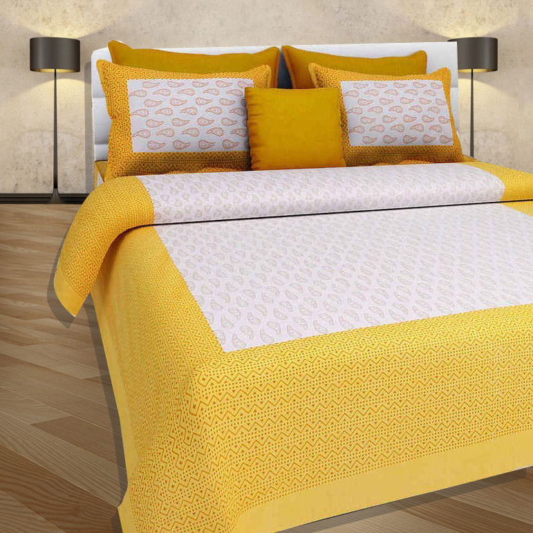 Yellow And White Prints 100% Cotton Double Bed Sheet With 2 Pillow Covers