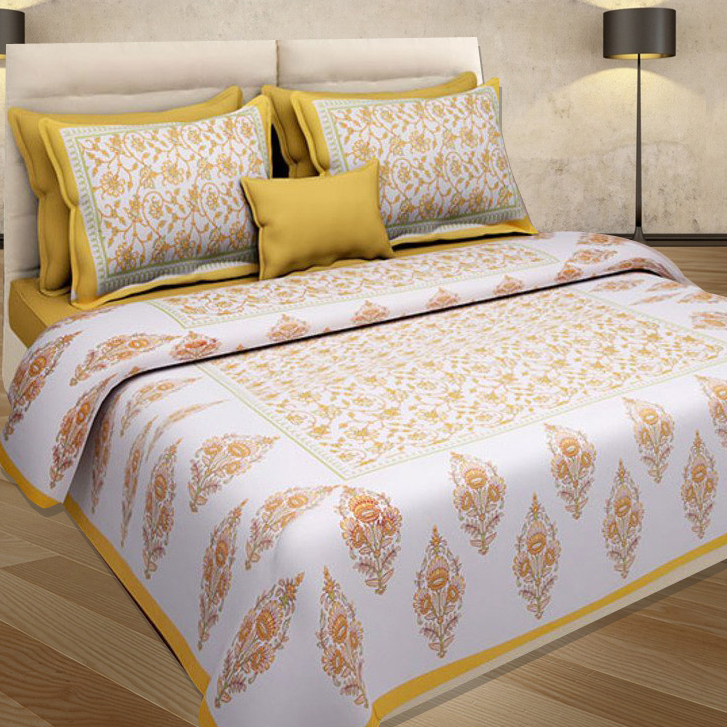 White And Yellow Prints 100% Cotton Double Bed Sheet With 2 Pillow Covers