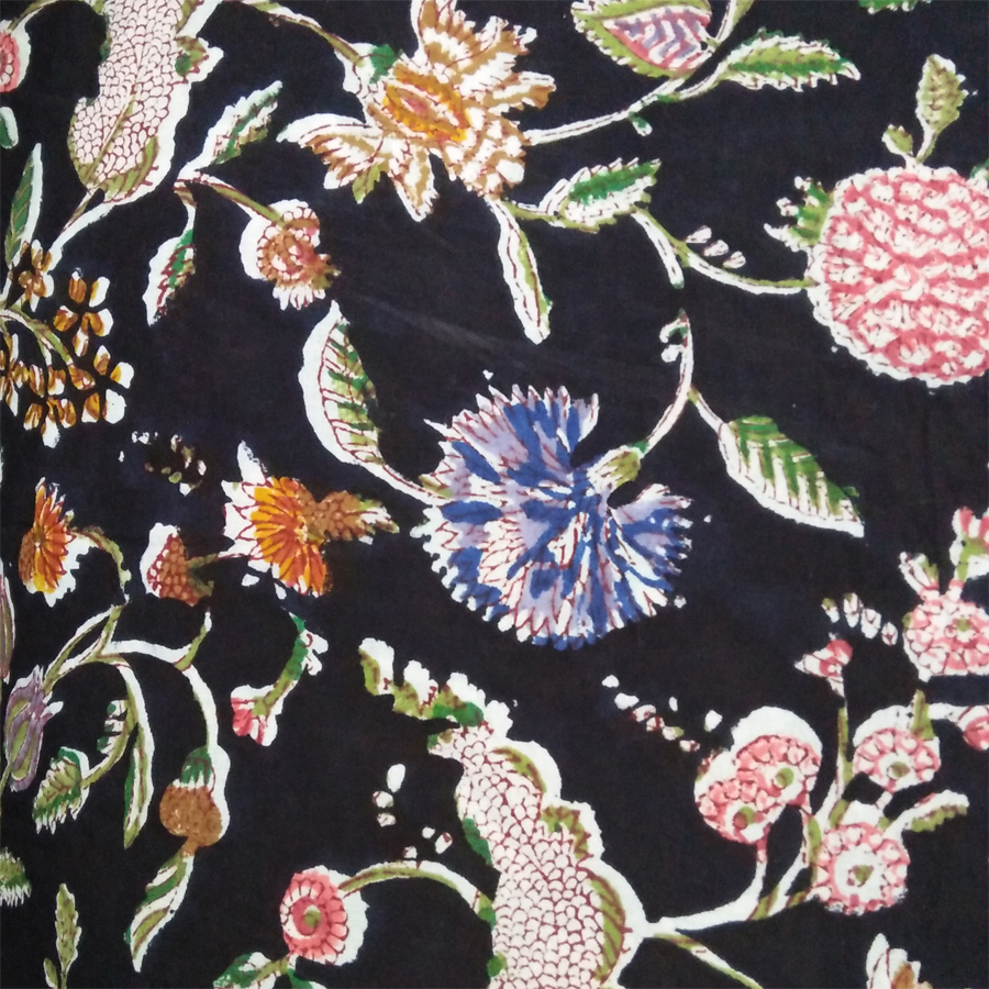 Black Base Flower Colors Design Hand Block Art Design Cambric Cotton