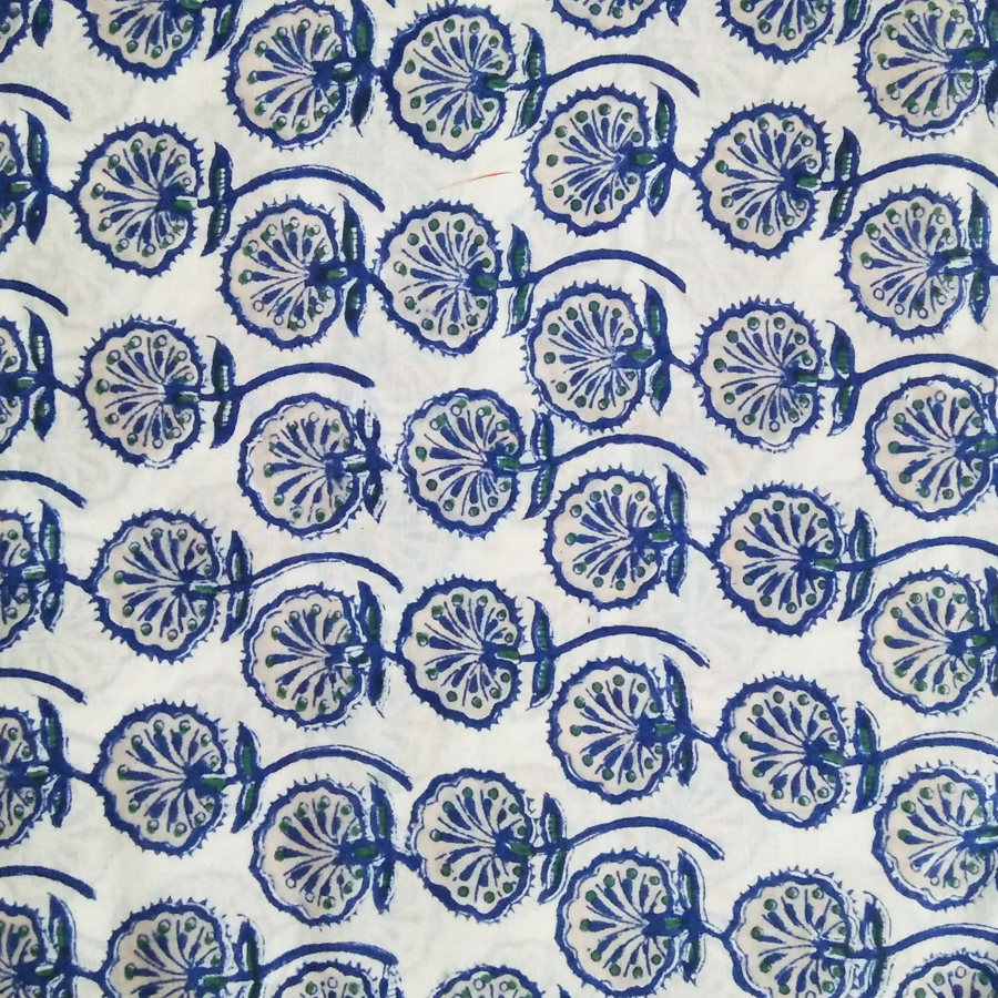 White Base Blue Flower Design Hand Block Print Design Cambric Cotton