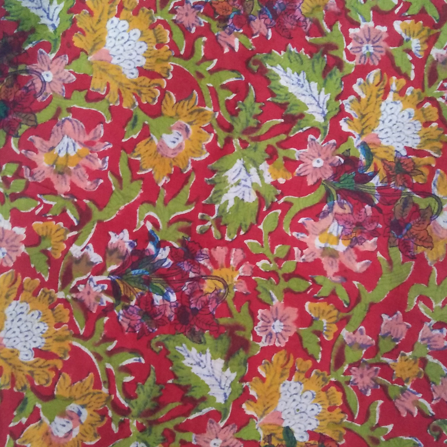 Red Base Flower Design Hand Block Print Design Cambric Cotton Fabric