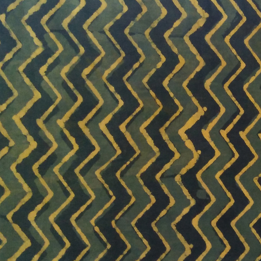 Zig Zag Design Yellow And Green Lines Hand Block Printed Cotton Fabric