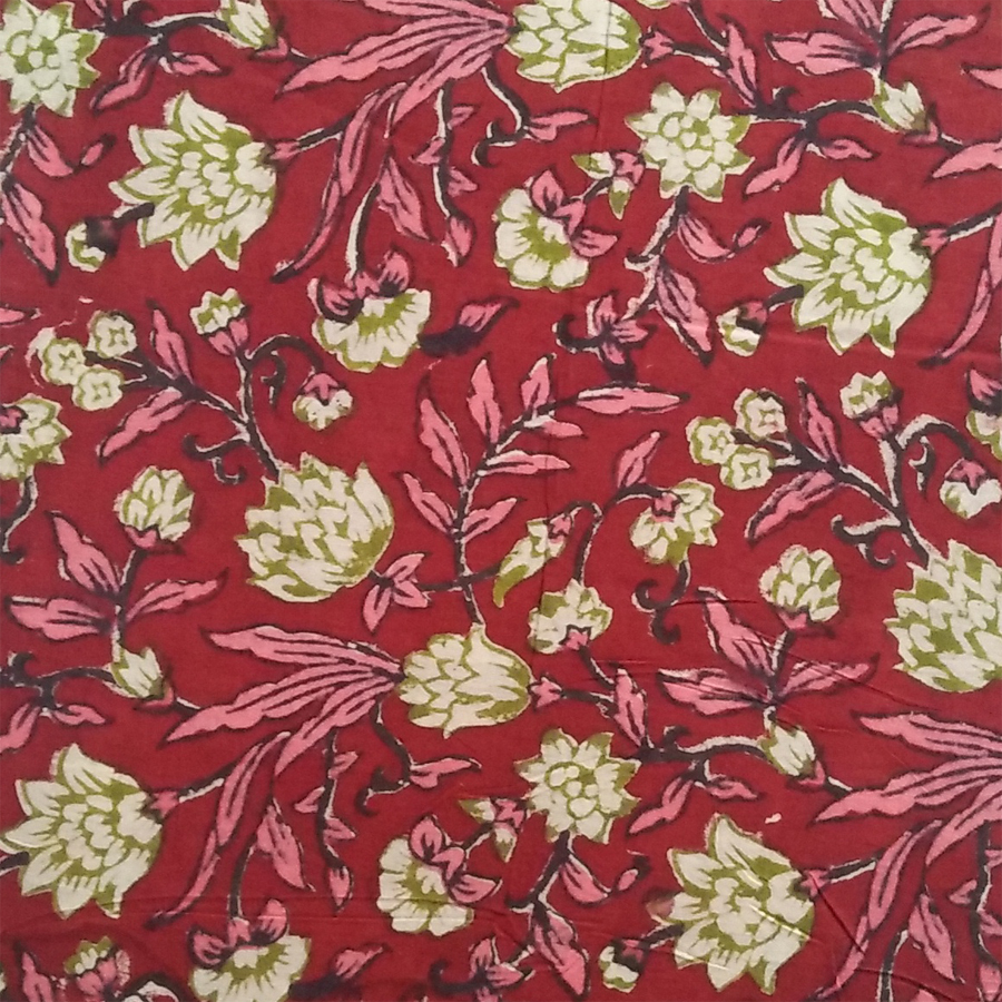 Hand Block Print Design Red Base Flower Design Cambric Cotton Fabric