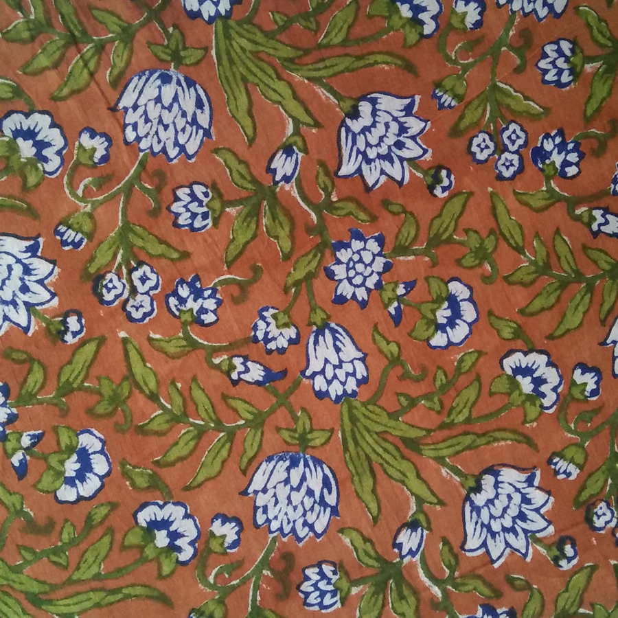 Brown Base Flower Design Hand Block Print Design Cambric Cotton Fabric