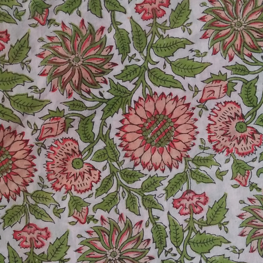 White Color Base Flower Design Hand Block Print Design Cambric Fabric
