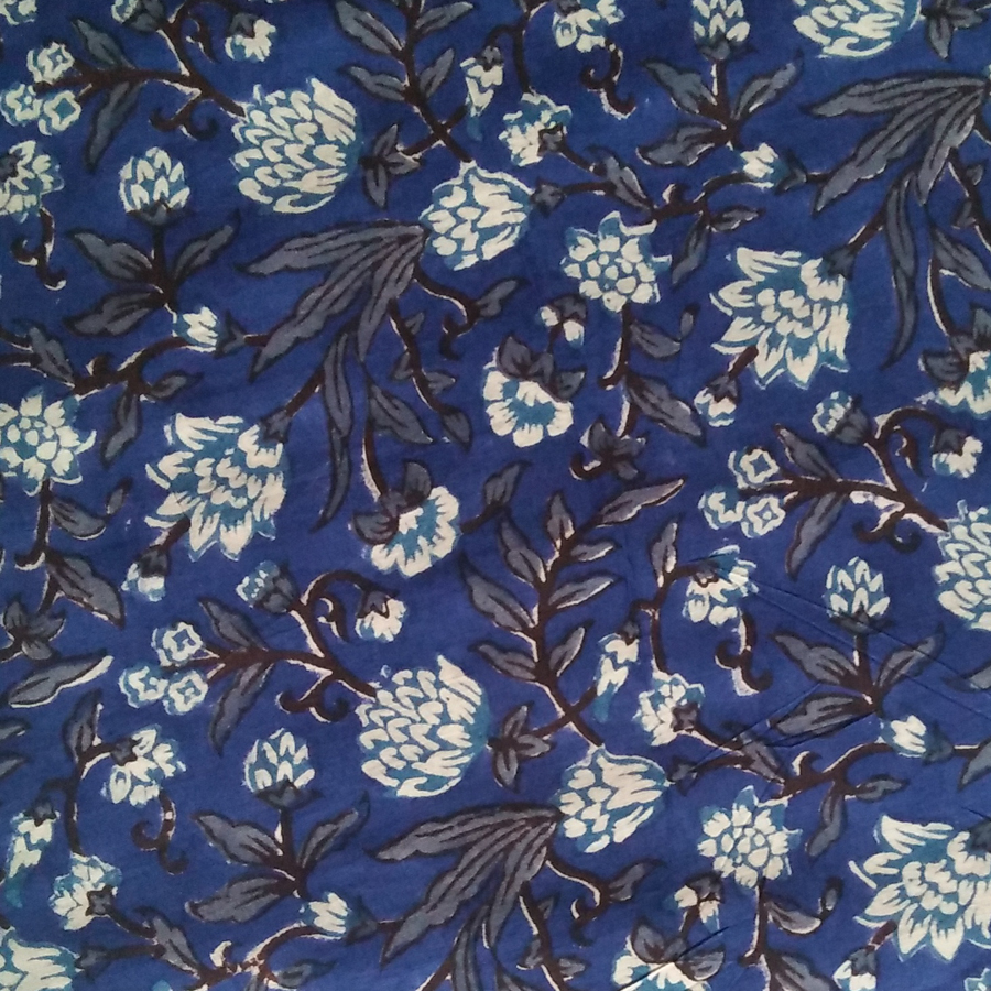 Indigo Blue Flower Hand Block Print Flower Design Cambric Cotton Fabric